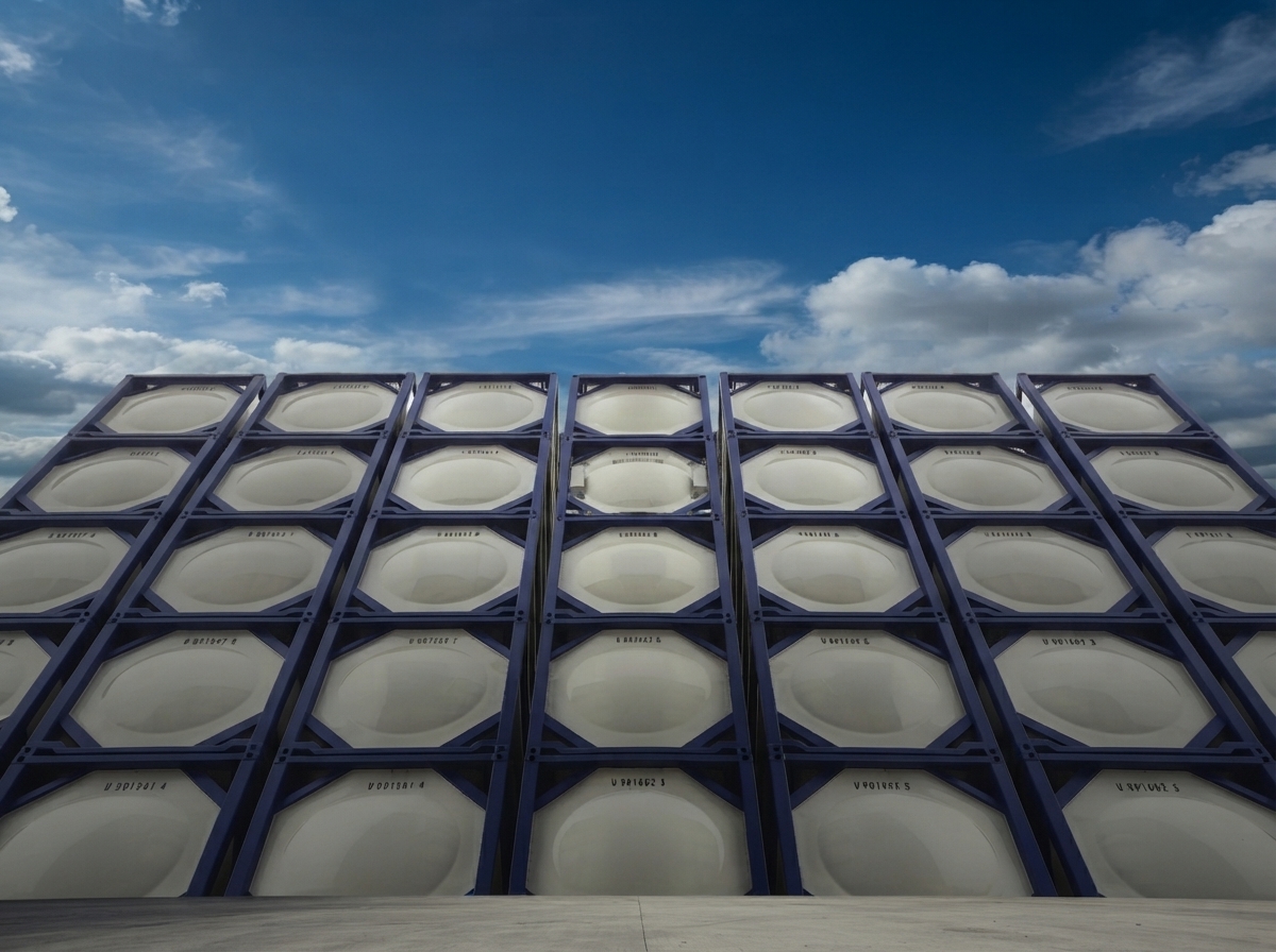 Stacked Vyom tanktainer frames under a blue sky